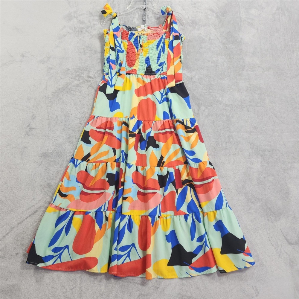 THML Dress Womens M Multicolor Floral Smocked Tiered Maxi Tie Strap Sundress‎